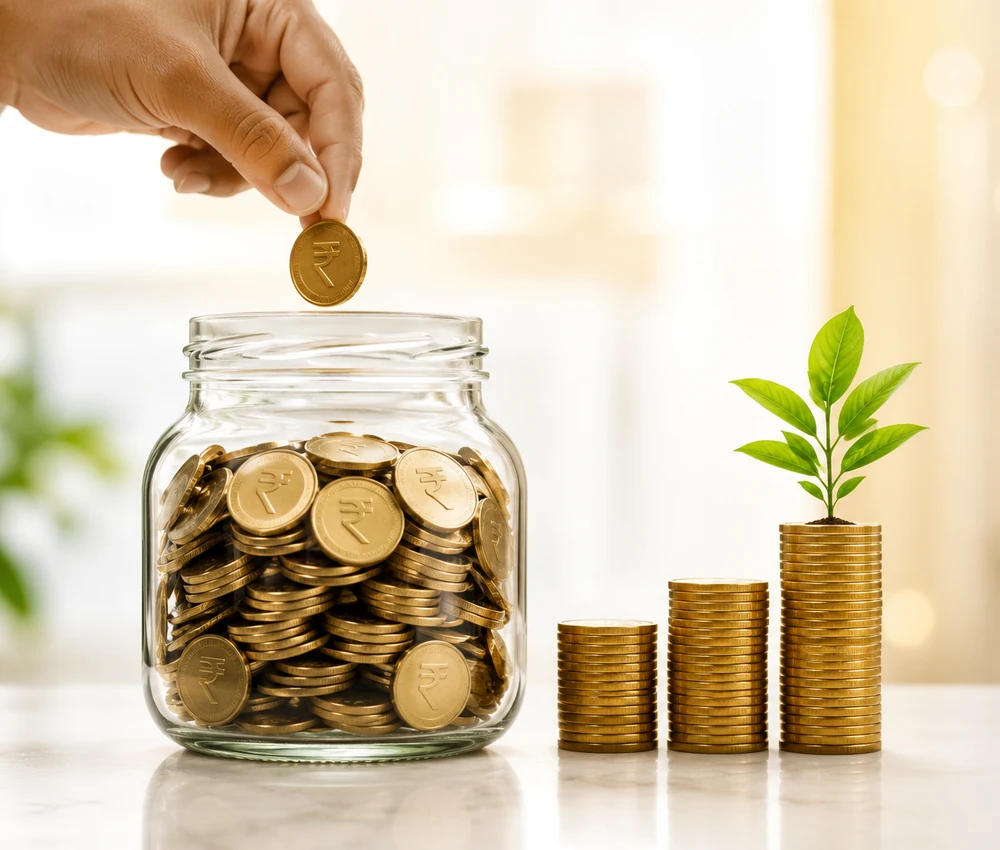 Hand placing a rupee coin into a glass savings jar beside growing coin stacks, representing disciplined chit fund savings