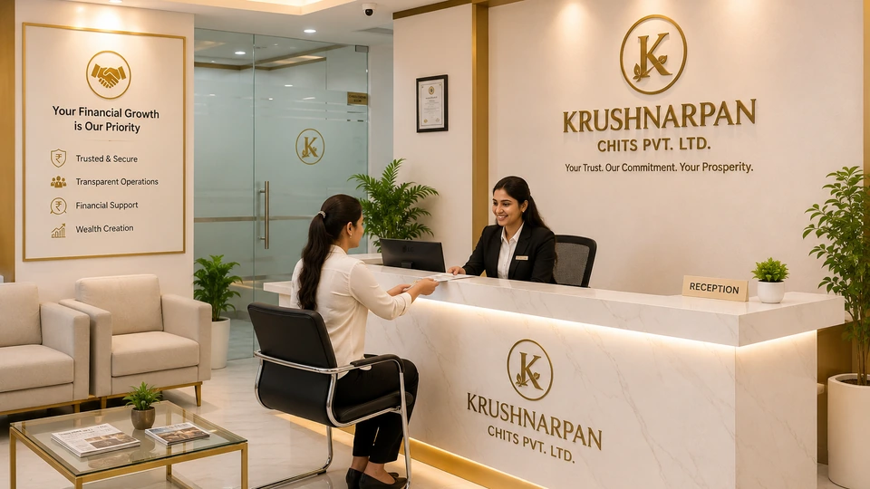 Krushnarpan Chits Pvt. Ltd. reception desk with branded signage and a staff member assisting a visitor