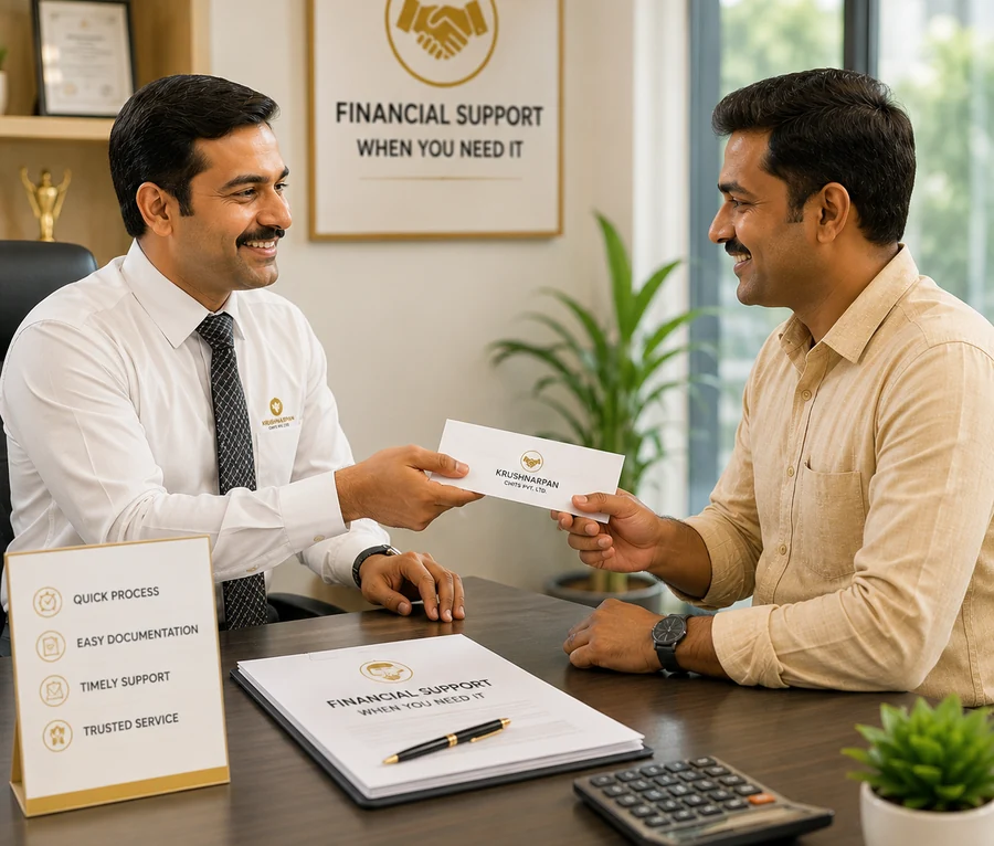 Krushnarpan Chits representative handing a member a document under Financial Support When You Need It signage