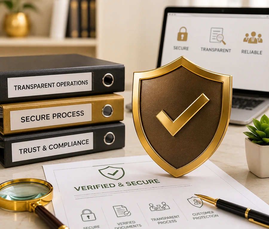 Golden verified shield with a checkmark beside binders labelled Transparent Operations, Secure Process and Trust and Compliance